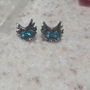 Silver Owl Earrings with Blue Accents